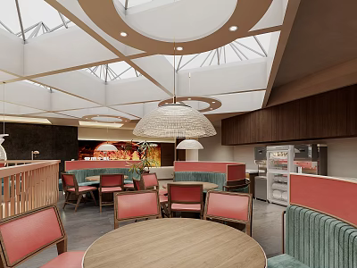 Modern Restaurant Interior With Round Wooden Tables Red Chairs Green Booths Skylights And Pendant Lights 3d model