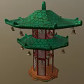 Traditional Pagoda Architecture With Green Tiered Roof Hanging Bells And Red Pillars Lattice Design