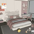 Cute Kids Bed With Cat Ear Headboard Gray Orange Bedding Pink Bookshelf Toys On Rug