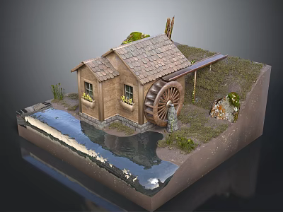 Wooden Cabin With Tiled Roof And Water Wheel Near Small Pond And Green Plants 3d model