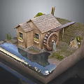 Wooden Cabin With Tiled Roof And Water Wheel Near Small Pond And Green Plants