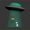 Green UFO Hovering With Burger And Drink Under Green Light Beam Drops