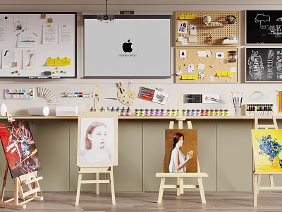 Musical Instruments and Art Supplies in Creative Studio with Easels Canvases Paints and Brushes 3d model
