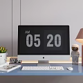 Modern Computer Desktop Setup With Monitor Digital Clock Keyboard Mouse Pink Lamp And Astronaut Figure