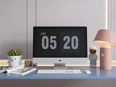Modern Computer Desktop Setup With Monitor Digital Clock Keyboard Mouse Pink Lamp And Astronaut Figure 3d model