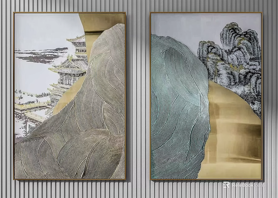 Modern Luxury Decorative Paintings With Traditional Landscape Elements Golden Frames Wave Patterns And Layered Design 3d model 