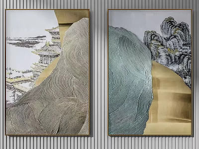 Modern Luxury Decorative Paintings With Traditional Landscape Elements Golden Frames Wave Patterns And Layered Design 3d model