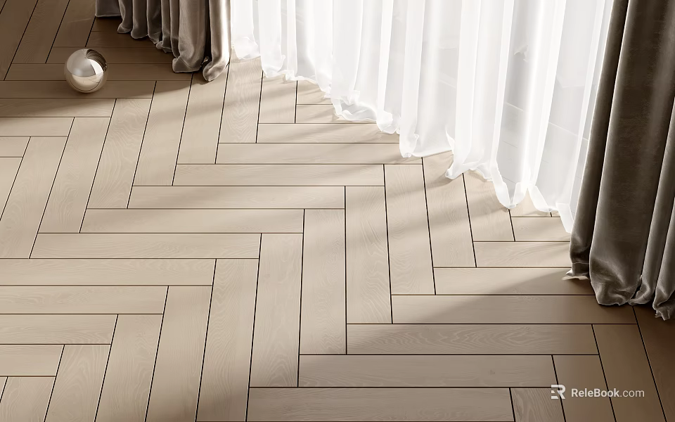 Light Colored Wooden Flooring With Herringbone Pattern And Natural Light Through Curtains 3d model 