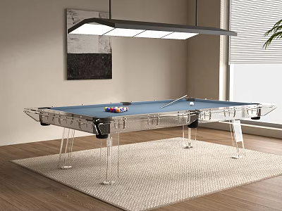 Sleek Billiard Room Interior With Transparent Leg Pool Table Blue Felt And Hanging Light 3d model