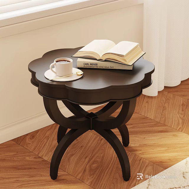 Dark Brown Petal Edge Side Table With Open Book And Coffee Cup On Wooden Floor 3d model 