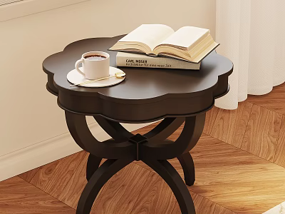 Dark Brown Petal Edge Side Table With Open Book And Coffee Cup On Wooden Floor 3d model