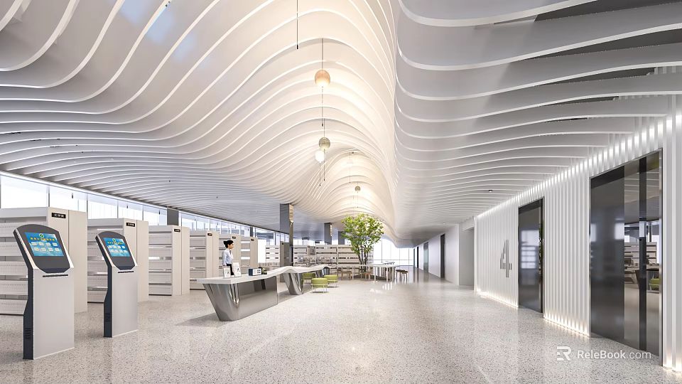 Artistic Modern Library Interior With Curved White Ceiling Green Plants And Self Service Kiosk 3d model 