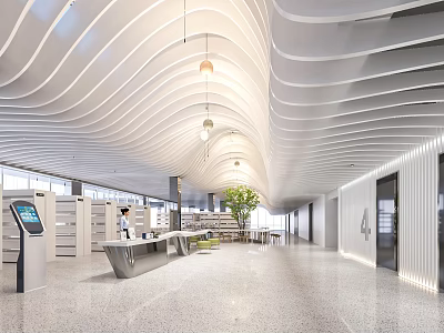 Artistic Modern Library Interior With Curved White Ceiling Green Plants And Self Service Kiosk 3d model