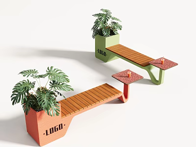 Modern Outdoor Chairs With Wooden Seats Orange And Green Planter Bases And Green Plants 3d model