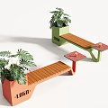 Modern Outdoor Chairs With Wooden Seats Orange And Green Planter Bases And Green Plants