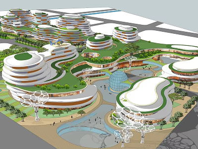 Innovative Commercial Complex Featuring Circular Buildings Green Roofs And Open Pedestrian Spaces 3d model