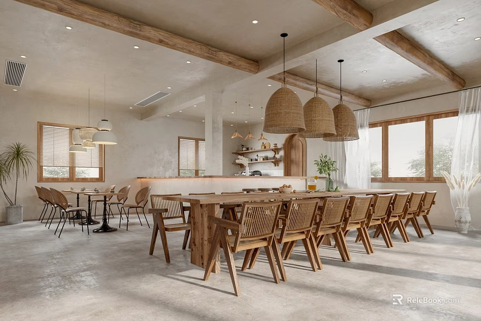 Cozy Rustic Restaurant Interior With Wooden Dining Tables Rattan Pendant Lights And Natural Lighting 3d model 
