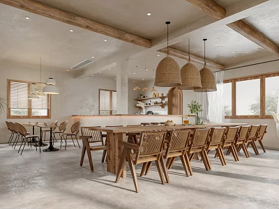 Cozy Rustic Restaurant Interior With Wooden Dining Tables Rattan Pendant Lights And Natural Lighting 3d model
