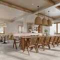 Cozy Rustic Restaurant Interior With Wooden Dining Tables Rattan Pendant Lights And Natural Lighting
