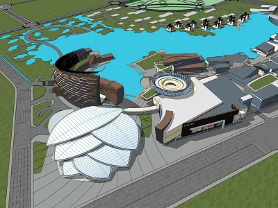 Modern Hotel Building Architecture With Water Body And Surrounding Landscape Facilities 3d model