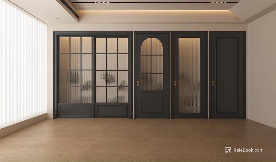 Dark Hinged Doors With Glass Grid Arch Panels And Golden Handles In Light Wood Interior 3d model 