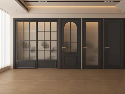 Dark Hinged Doors With Glass Grid Arch Panels And Golden Handles In Light Wood Interior 3d model