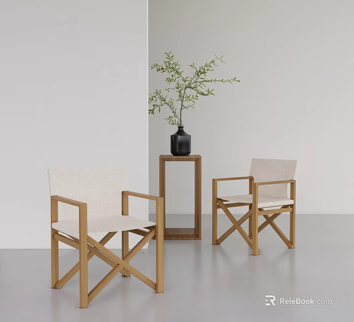 Modern Leisure Chairs With Wooden Frame Light Fabric And Side Table With Green Plant 3d model 