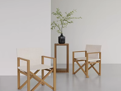 Modern Leisure Chairs With Wooden Frame Light Fabric And Side Table With Green Plant 3d model