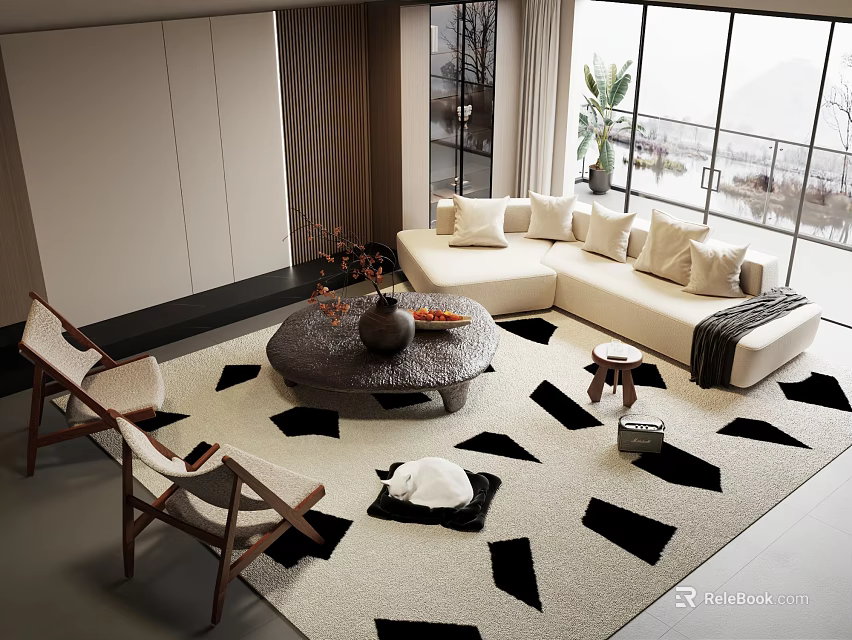 Modern Beige Sofa And Coffee Table Set With Plush Cushions On Geometric Rug 3d model 