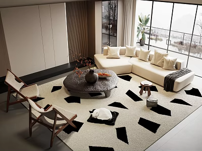 Modern Beige Sofa And Coffee Table Set With Plush Cushions On Geometric Rug 3d model