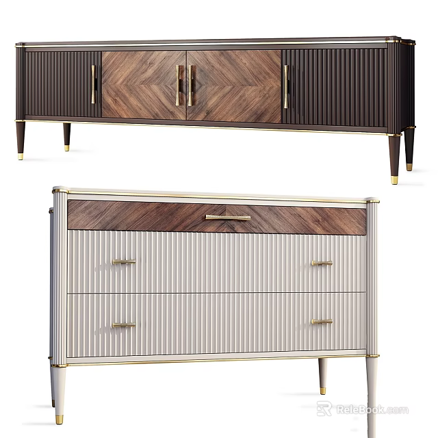 Modern Luxury Storage Cabinets with Herringbone Wood Grain Golden Handles and Dark Light Color Designs 3d model 