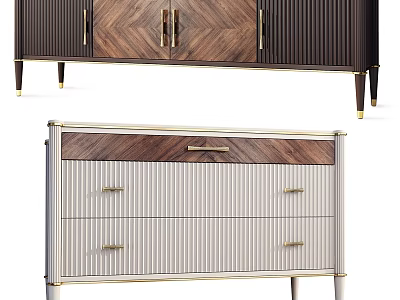 Modern Luxury Storage Cabinets with Herringbone Wood Grain Golden Handles and Dark Light Color Designs 3d model
