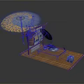 Japanese Scenic Structure With Blue Umbrella Yellow Patterns Wooden Platform Screen Tea Set And Mat