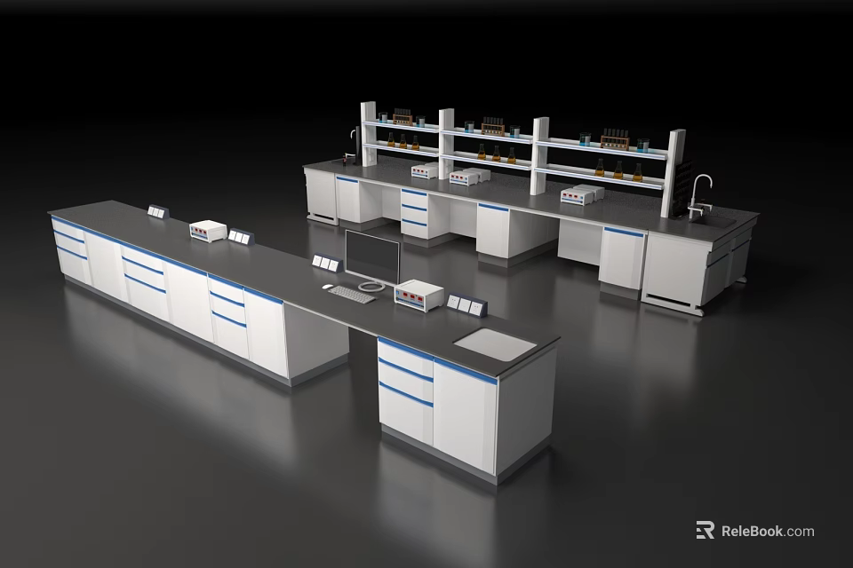 Functional Laboratory Tables with Workbenches Drawers Shelves and Faucet Equipment 3d model 