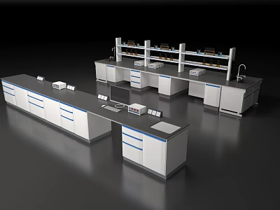 Functional Laboratory Tables with Workbenches Drawers Shelves and Faucet Equipment 3d model