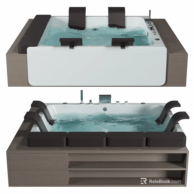 Modern Jacuzzi Bathtub with Water Jets Black Armrests and Wooden Base Bathroom Interior 3d model 