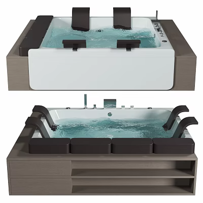 Modern Jacuzzi Bathtub with Water Jets Black Armrests and Wooden Base Bathroom Interior 3d model