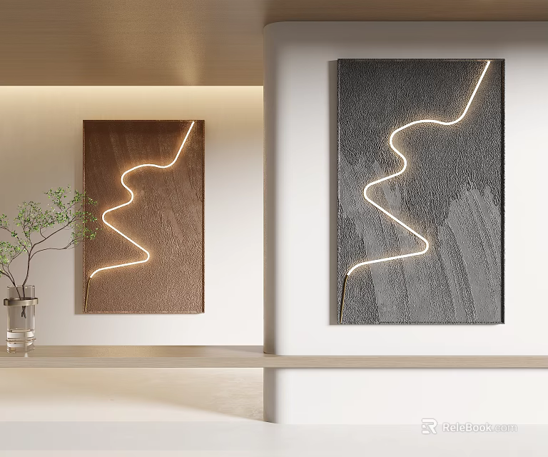 Modern Minimalist Study Room With Lighted Art Paintings And Plant 3d model 