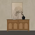 Wooden Entryway Cabinet Sideboard With Rattan Doors Decorative Painting And Black Vase