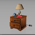 Wooden Bedside Table Interior With Table Lamp Blue Alarm Clock And Pink Book
