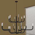 Modern Black Metal Chandelier With Multiple Arms And White Lampshades In Interior With Window Blinds