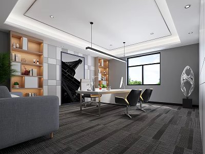 Modern Office Interior With Gray Sofa Desk Chairs Bookshelves Large Window And Decorative Carpet 3d model