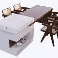 Modern Minimalist Bar Area With Walnut Tabletop Bar Counter White Base And Wicker Chairs
