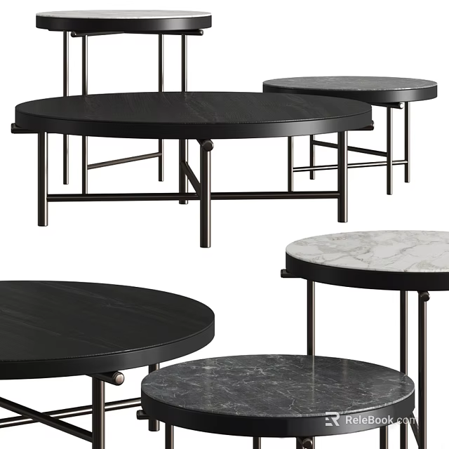 Modern Coffee Tables With Round Black And Marble Tops And Metal Legs 3d model 