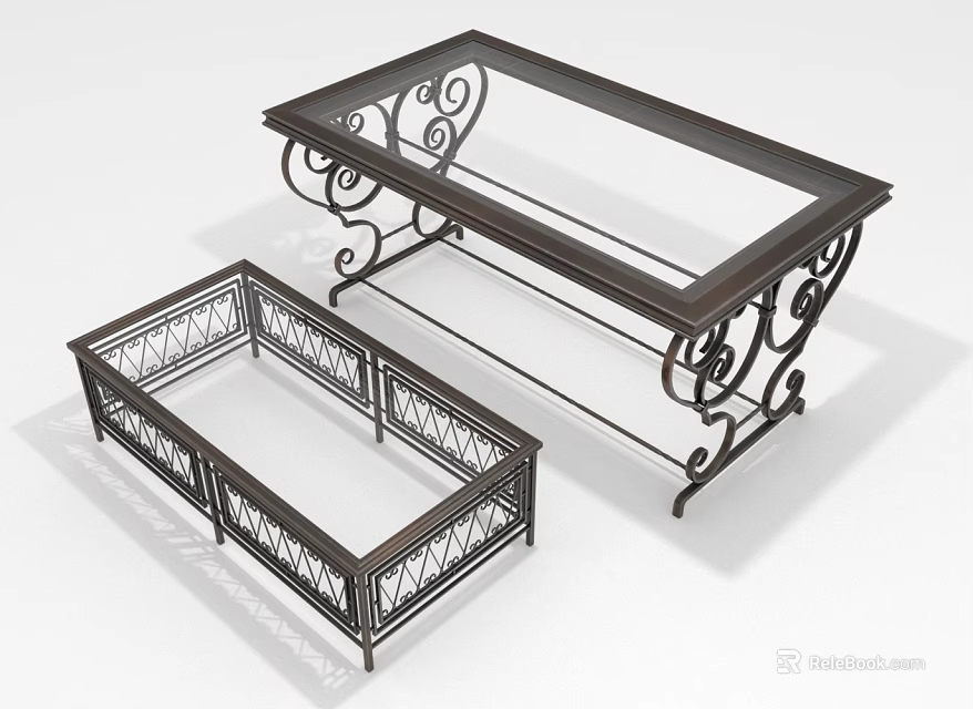 Elegant Black Metal Coffee Tables With Glass Top Scroll And Lattice Designs 3d model 