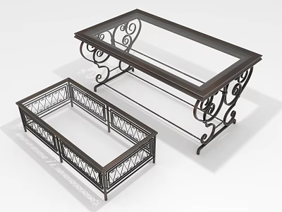 Elegant Black Metal Coffee Tables With Glass Top Scroll And Lattice Designs 3d model