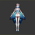 Stylish Female Character With Butterfly Creature Elements In Blue And White Dress And Wings