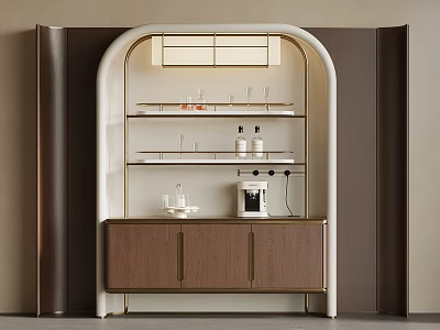 Elegant Modern Wine Cabinet With Arched Design Multi Layer Shelves Wine Glasses And Coffee Machine 3d model