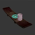 Dark Wooden Long Tray With Woven Texture Holding White Cup And Dark Plate