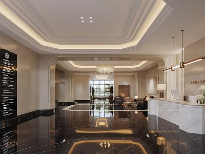 Elegant Hotel Lobby Interior Design With Ornate Ceiling Chandelier And Marble Reception 3d model